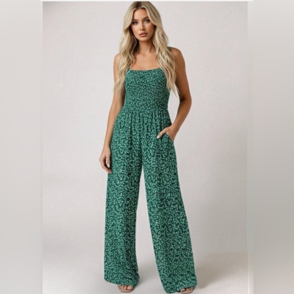 Boho Floral Loose Shirred Cami Jumpsuit With Pockets Green - Picture 1 of 8